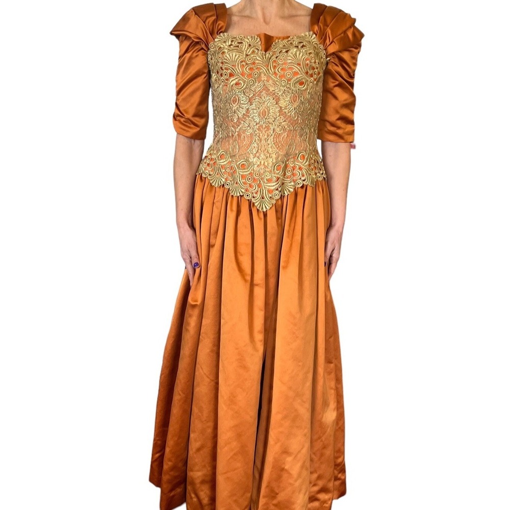 ESCADA COUTURE WOMEN'S SILK SATIN ORANGE EMBROIDERED VICTORIAN BALL GOWN 36 4/6 - Picture 6 of 15